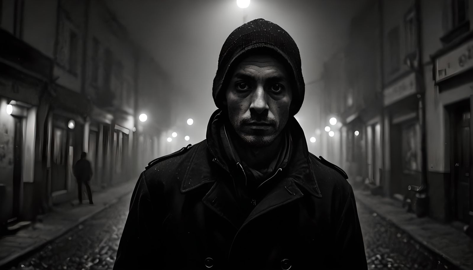 Monochrome Thief in Foggy Street at Night