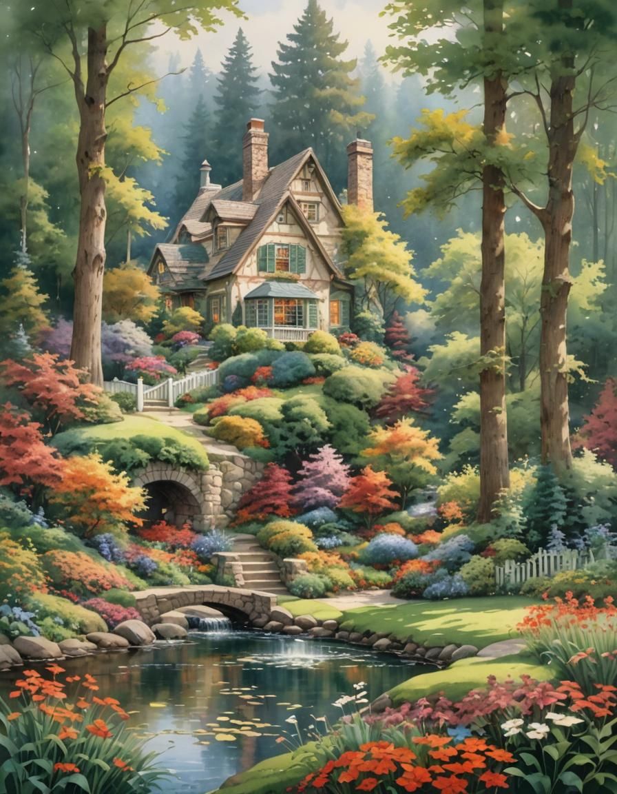 Idyllic Forest Cottage in Watercolor Landscape