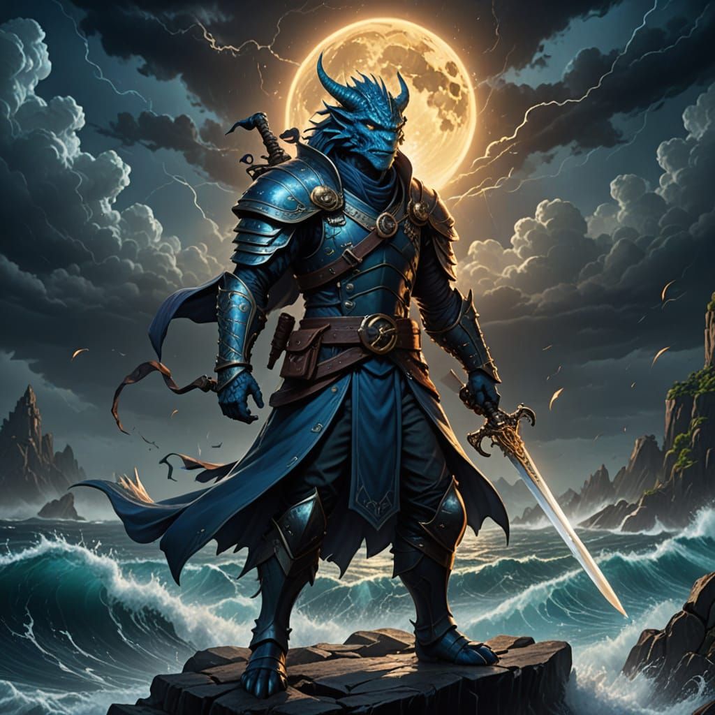 Stormborne Dragonborn Swordsman in Vibrant Oil Painting