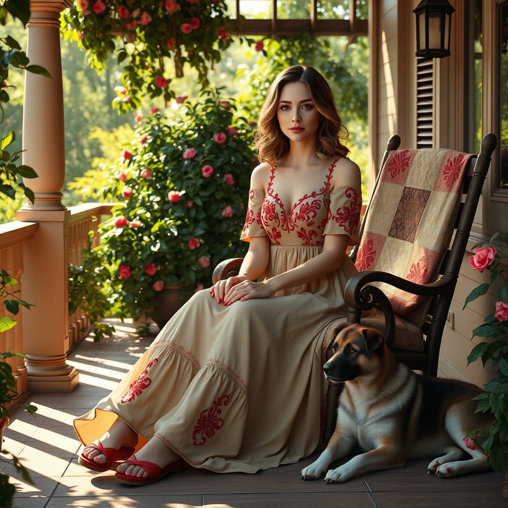Elegant Lady in Serene Veranda Setting