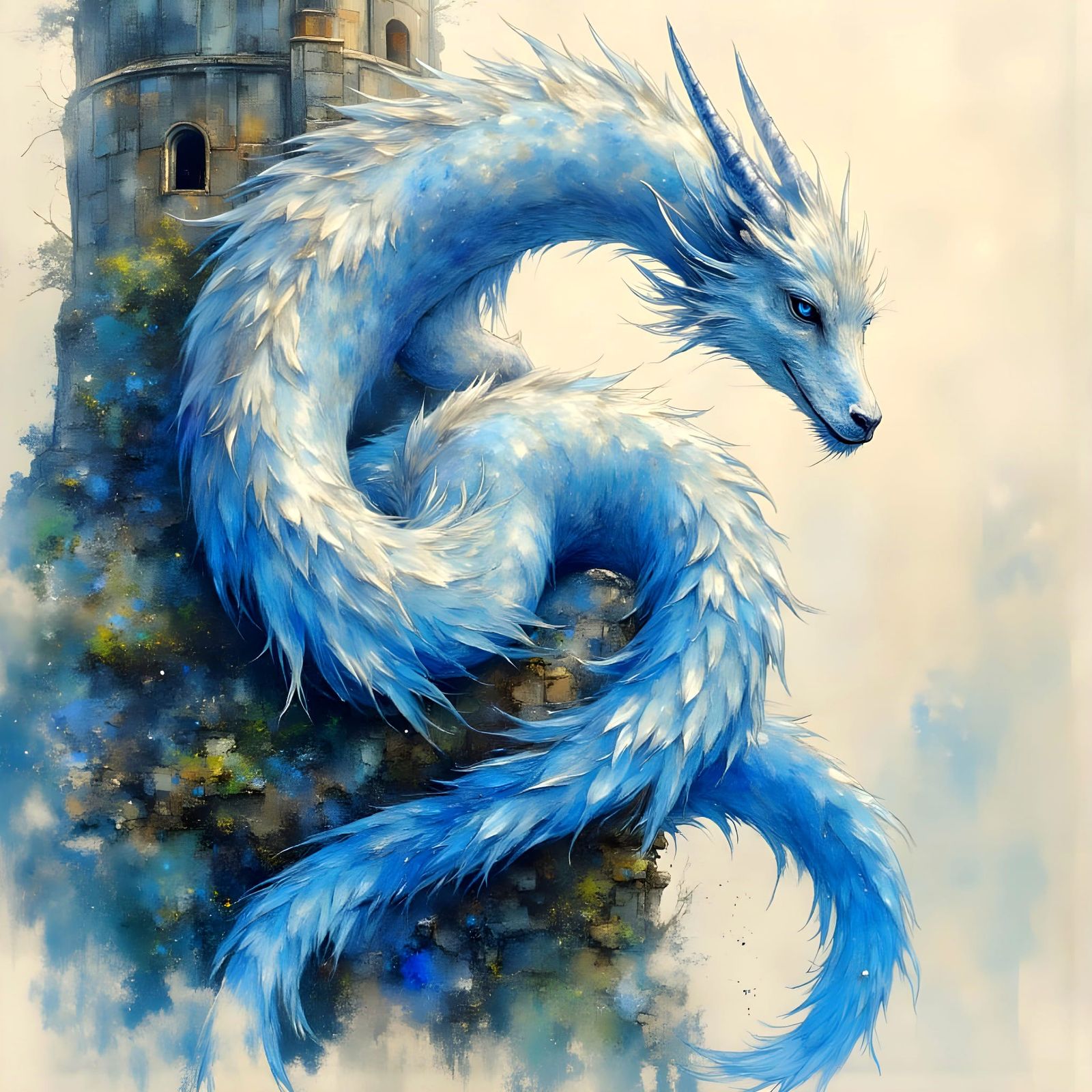Elegant Blue Dragon Adorns Ancient Medieval Tower