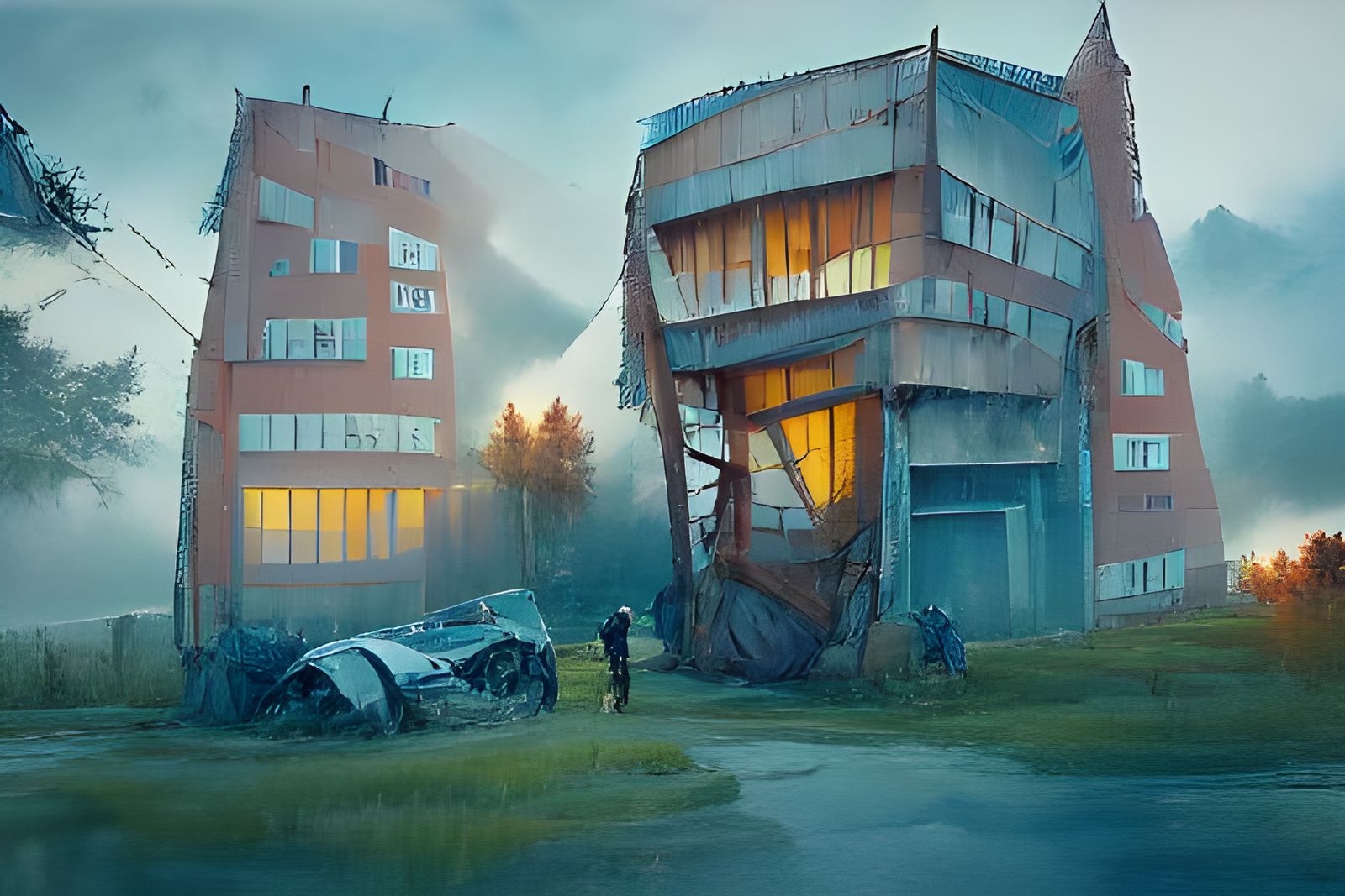 Somber Ruined Building in Digital Watercolor Style