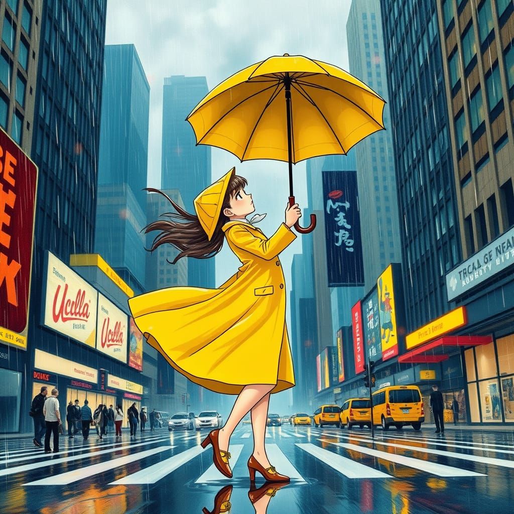 Vibrant City Dance in Rainy Storm