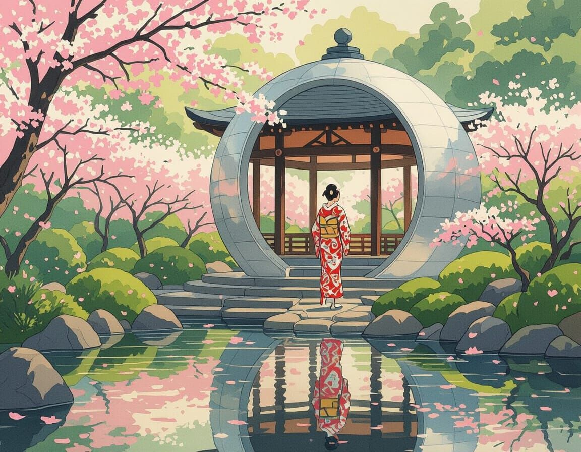 Serene Woman at Japanese Flower Temple