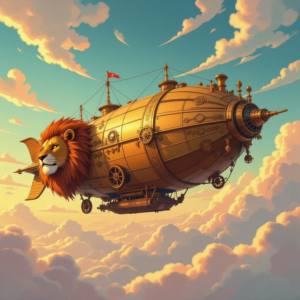 Steampunk Lion Airship Soaring in a Kaleidoscopic Sky