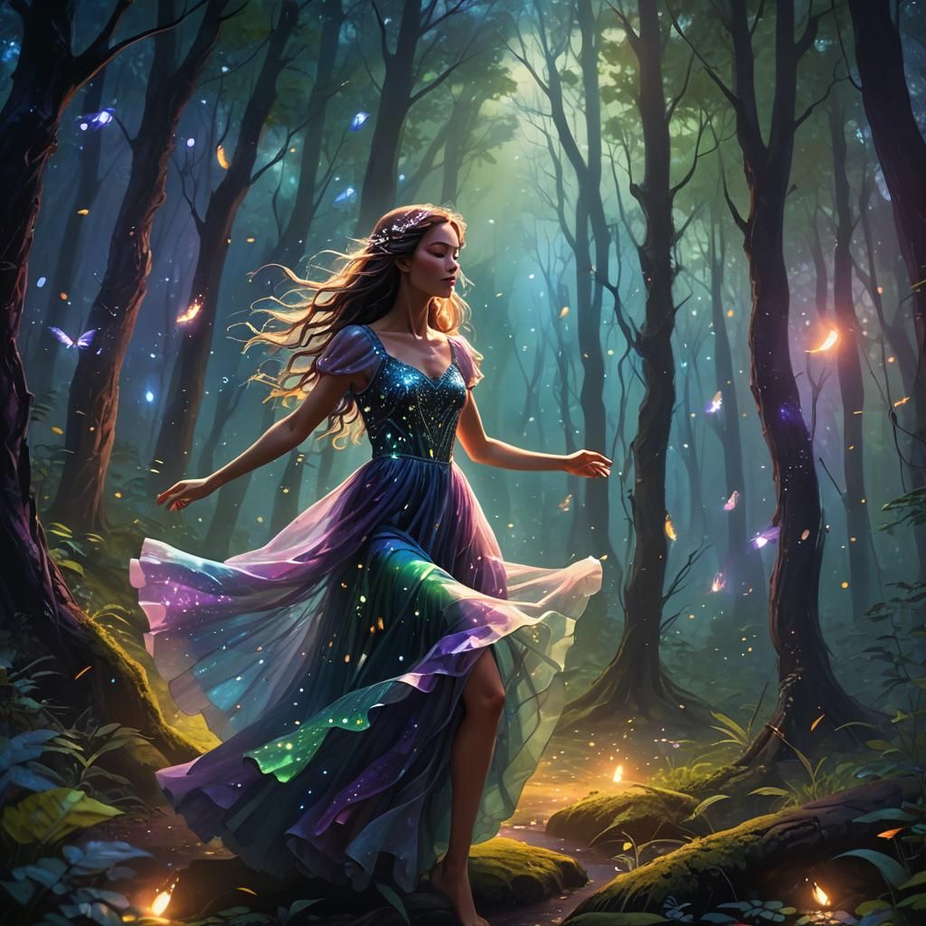 Mystical Forest Dance Under Moonlight in Fantasy Art