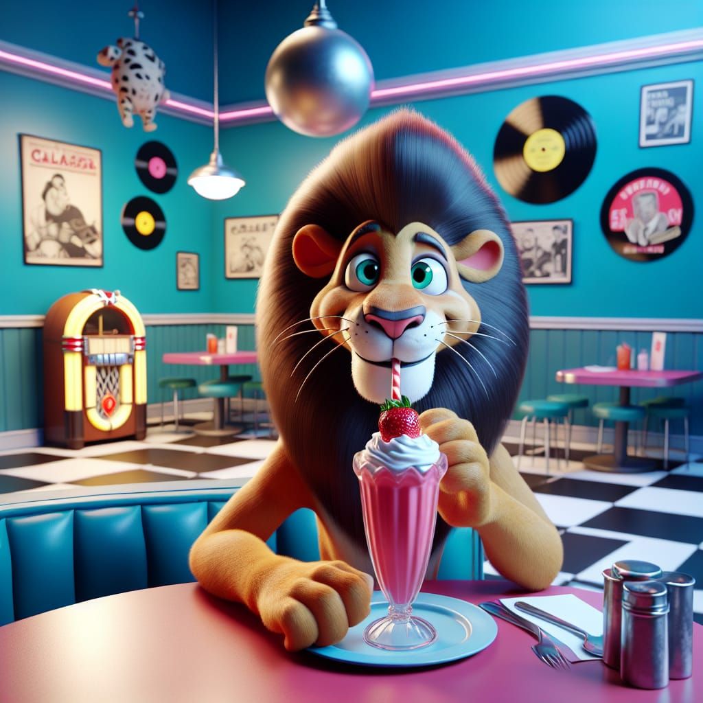 Lion at a Malt Shop in Cartoon Style