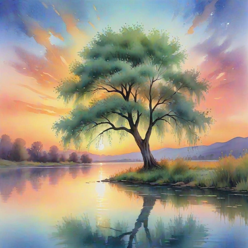 Willow Tree Sunset: Watercolor Landscape in Pastel Hues