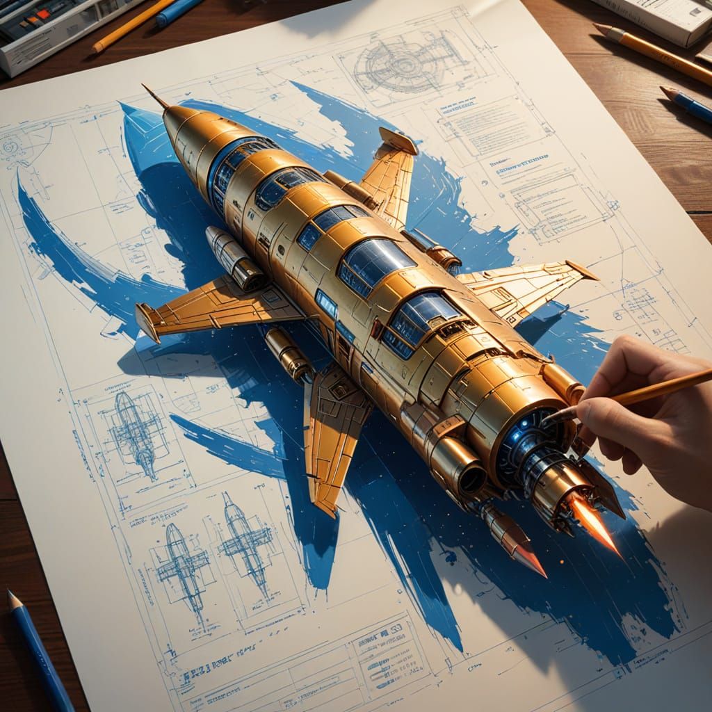 Sketched Blueprint of Rocket Ship