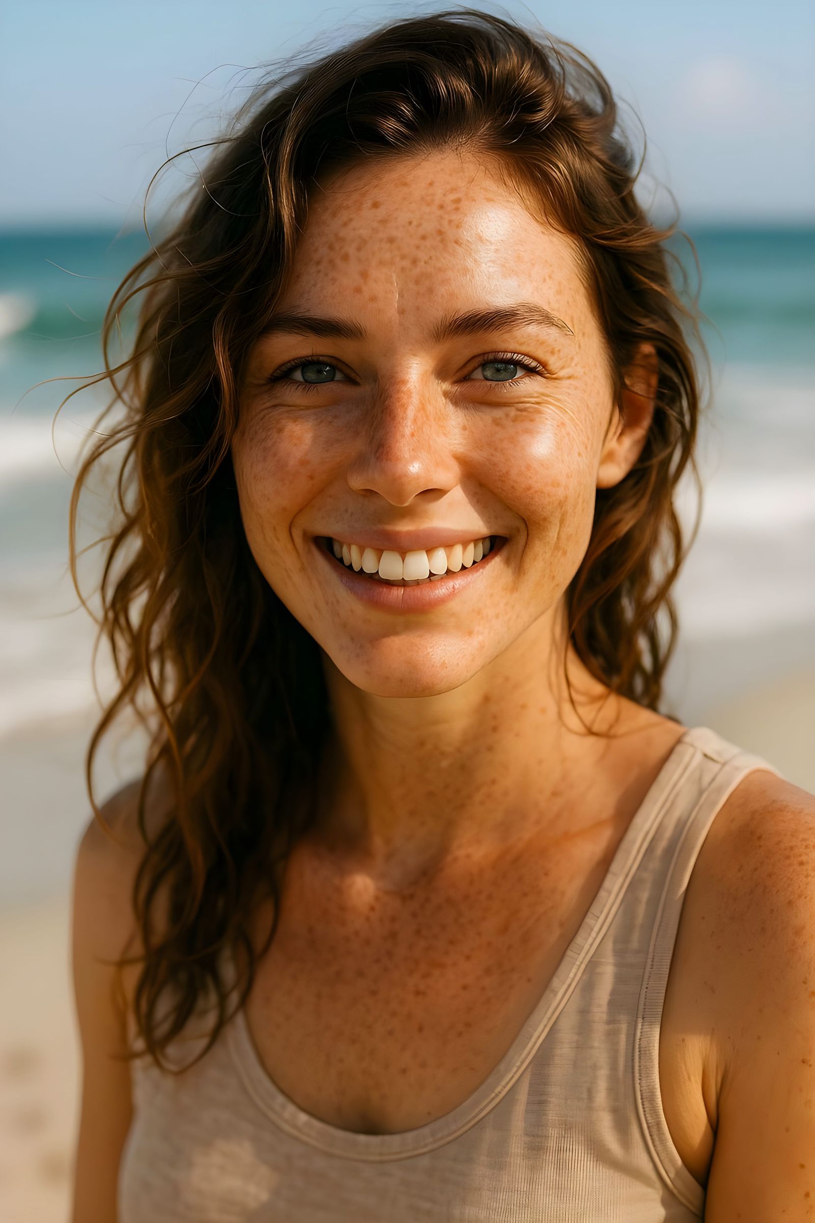 Realistic Portrait of Woman with Freckles on Beach