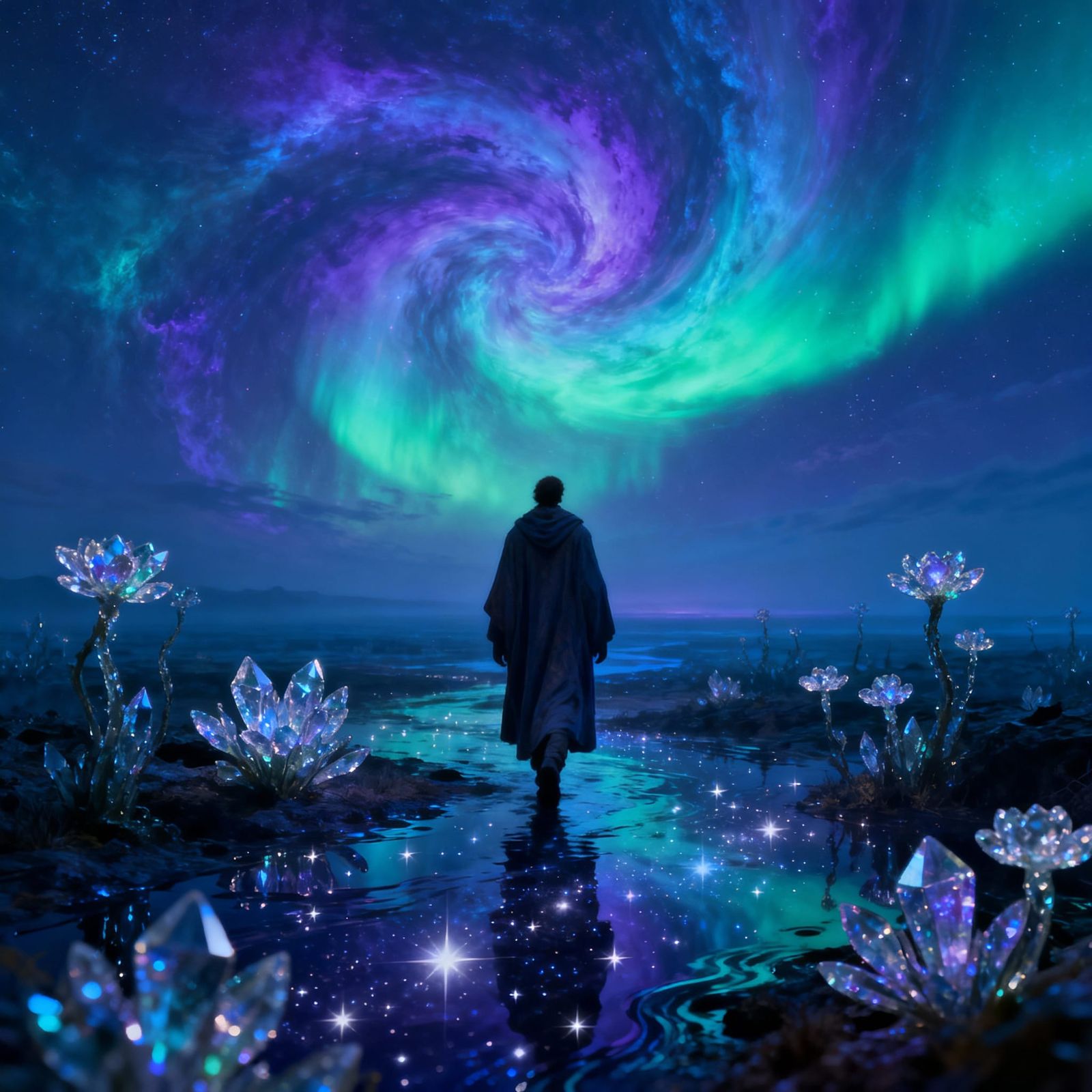 Dreamlike Aurora Landscape with Solitary Figure