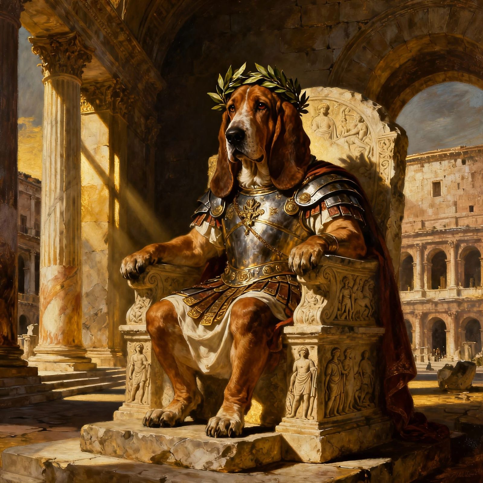 Basset Hound as Julius Caesar on Stone Throne