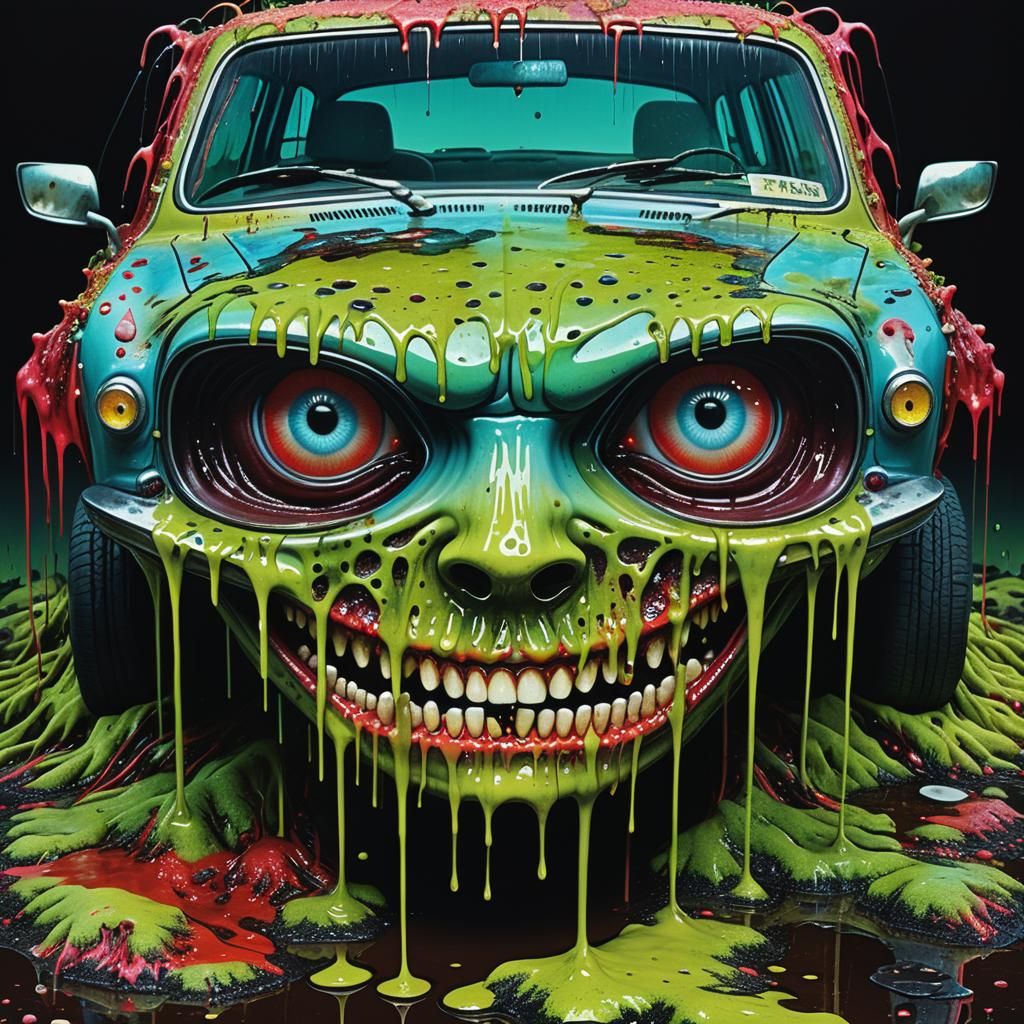 Grotesque surrealism. medium shot. Terribly ugly K.I.T.T. ca...