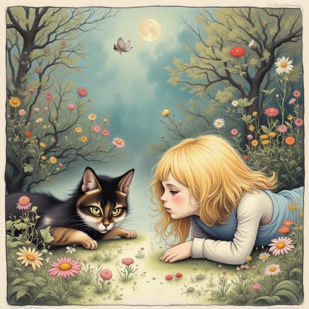 Dreamy Misty Garden with Girl and Cat in Ink Wash Style