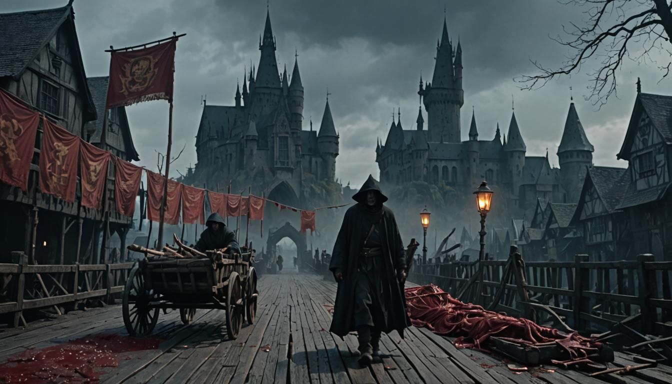 Dark Medieval Cityscape with Witch Doctor