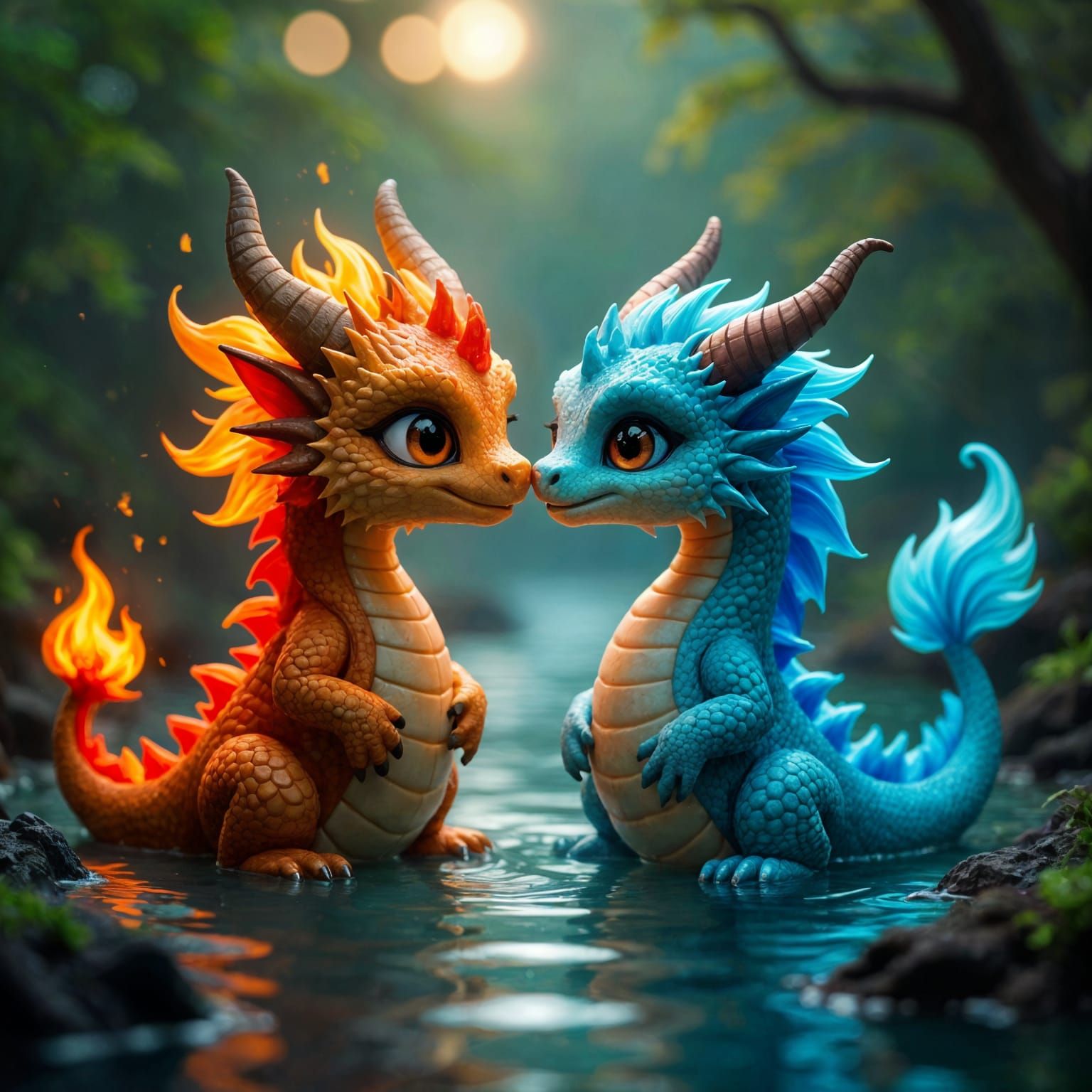 Fire Dragon Kisses Water Dragon in Fantasy Art