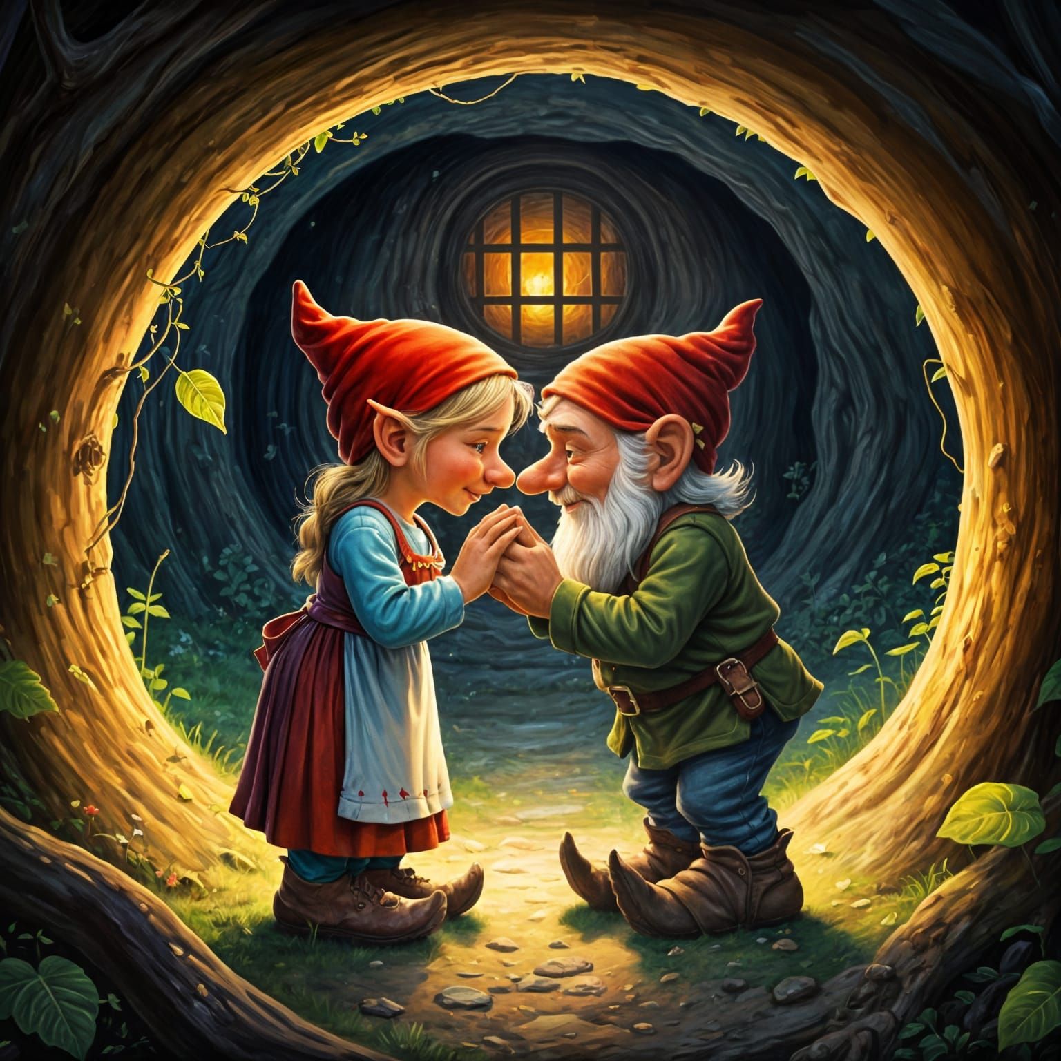 Whimsical Oil Painting of Gnome Couple Greeting