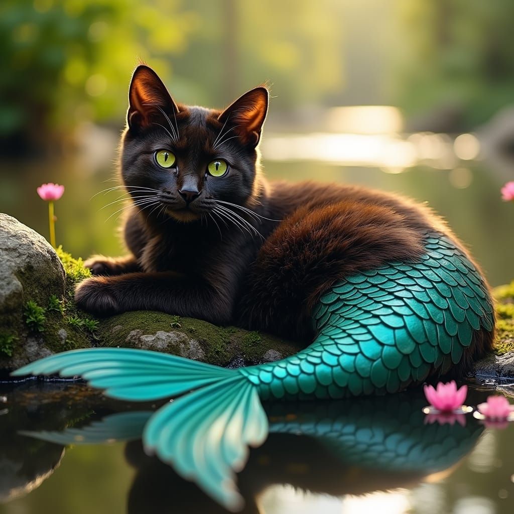 Tortoiseshell Cat Mermaid Reclining in River