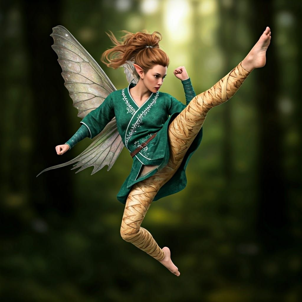 Fierce Fairy Warrior Mid-Air Karate Kick