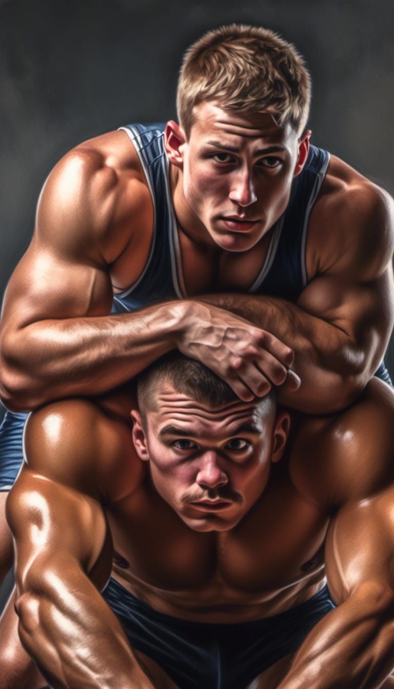Athletic Friends Playfully Wrestling: Photorealistic Image