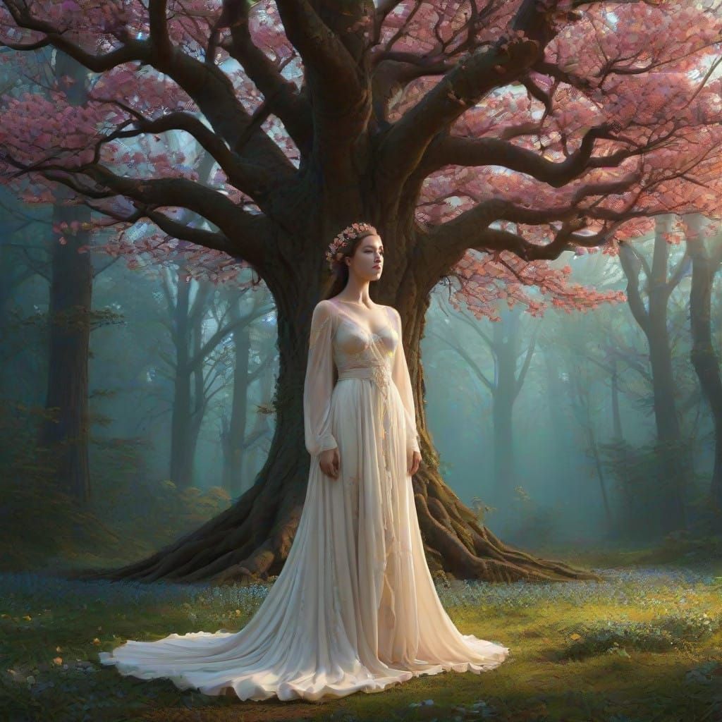 Ethereal Goddess Blooms in Dreamlike Landscape of Radiant Fl...