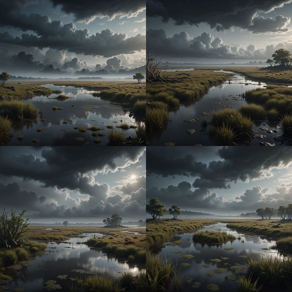 Ethereal Marshlands Amidst Dark Skies in Hyper Realistic Dig...