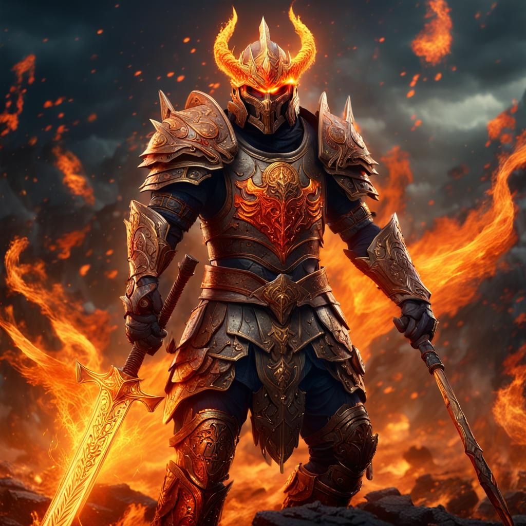 Mythical Warrior in Burning Battlefield Concept Art