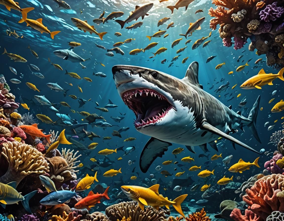 Diver Escaping Shark in Hyperrealistic Digital Art