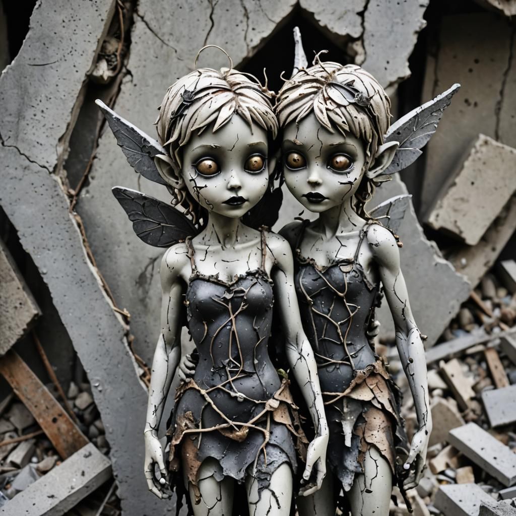 Concrete Zombie Tinkerbell Twins in Dystopian Art