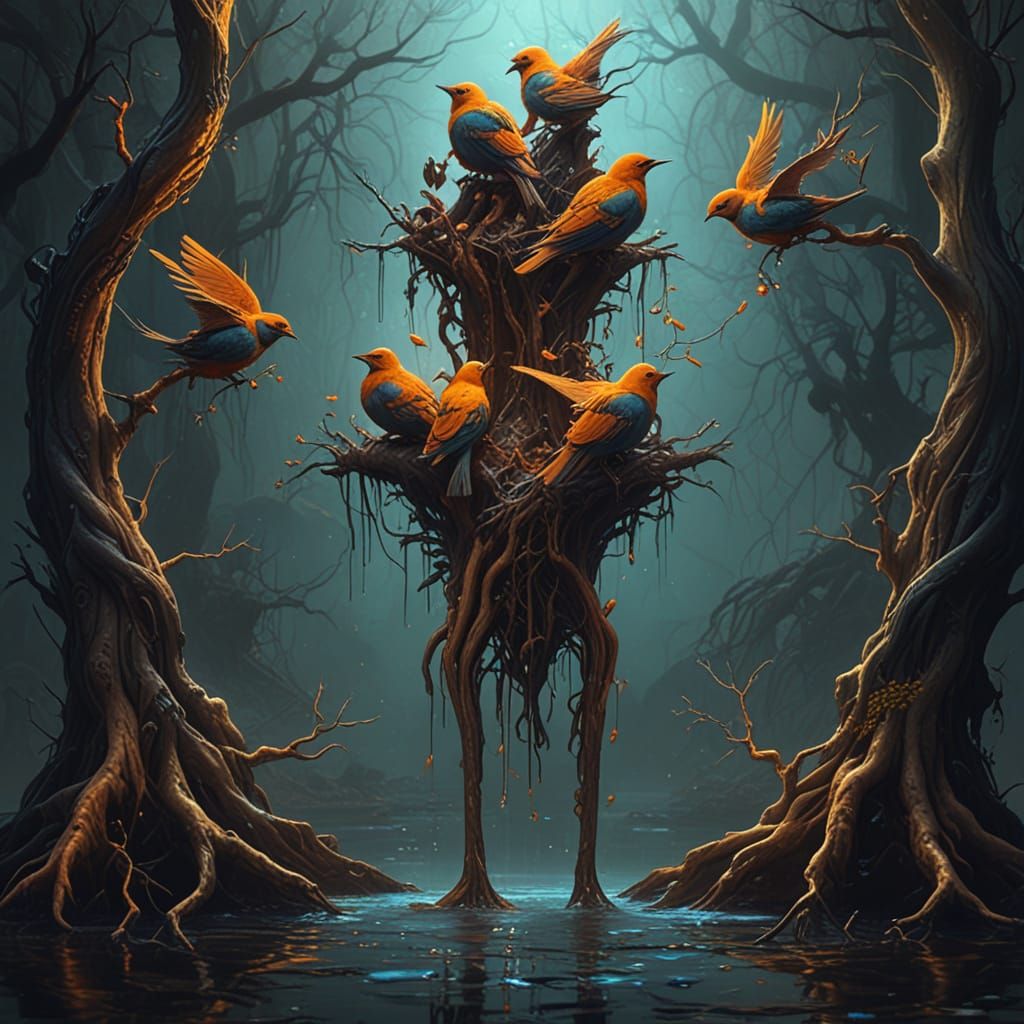 Birds Sipping Toxic Water: Golden Hour Concept