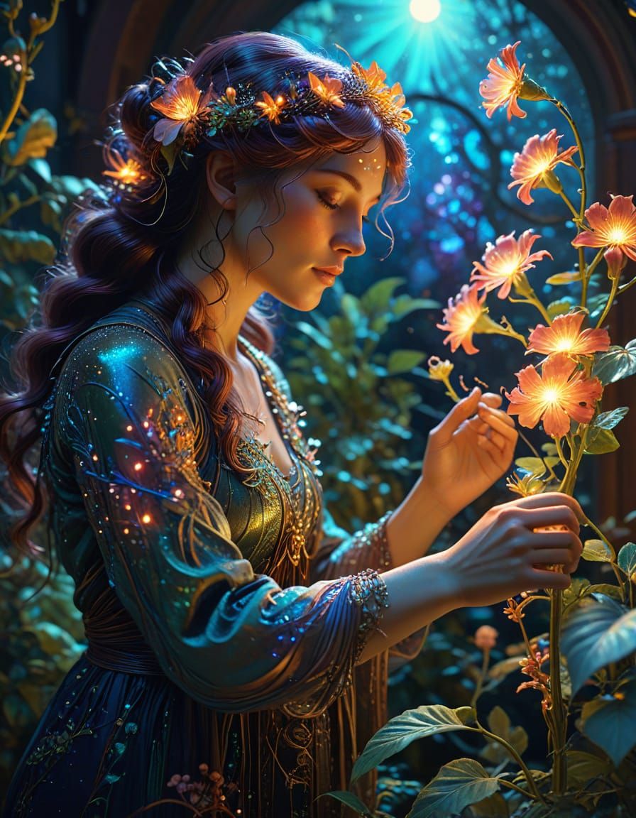 Celestial Botanist Tending Glowing Flora in Art Nouveau Styl...