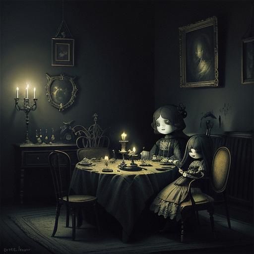 Eerie Child in Candlelight: A Gothic Illustration