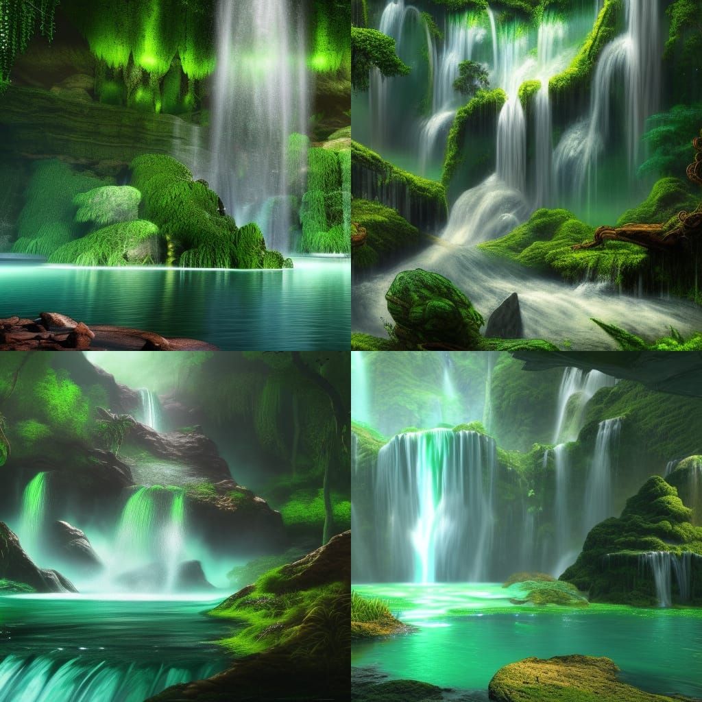 Lush Waterfall with Green Water in Fantasy Style