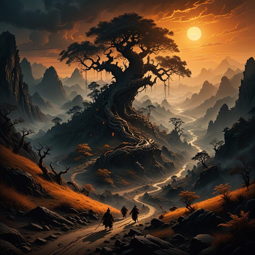 Ethereal Chinese Village Amidst Dark Fantasy Landscape