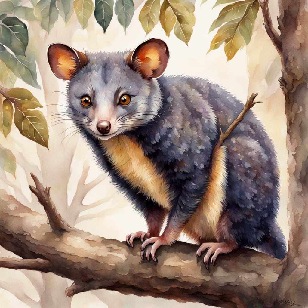 Brushtail Possum Portrait in Watercolor Style