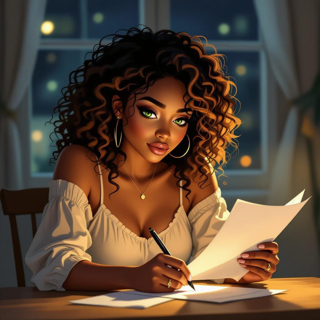 Melancholy African Woman Writing Lyrics: Digital Art