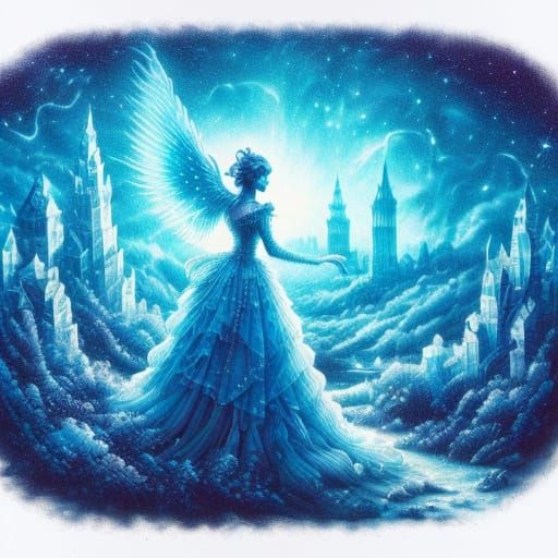 „Himmlische Wächterin: In einer magischen, funkelnden Winterlandschaft mit majestätischen Türmen und Sternenglanz“.