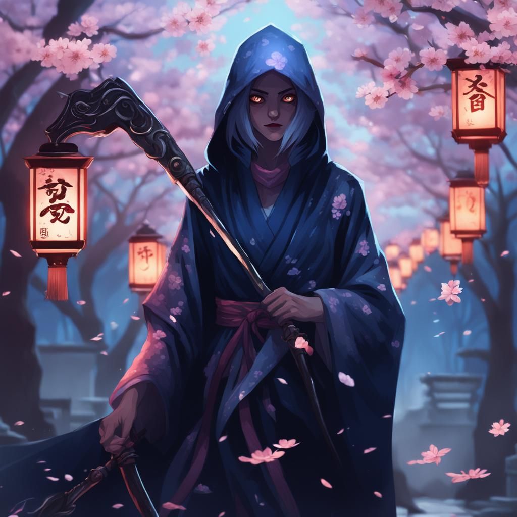 Female Grim Reaper with Cherry Blossoms, Dark Fantasy Art