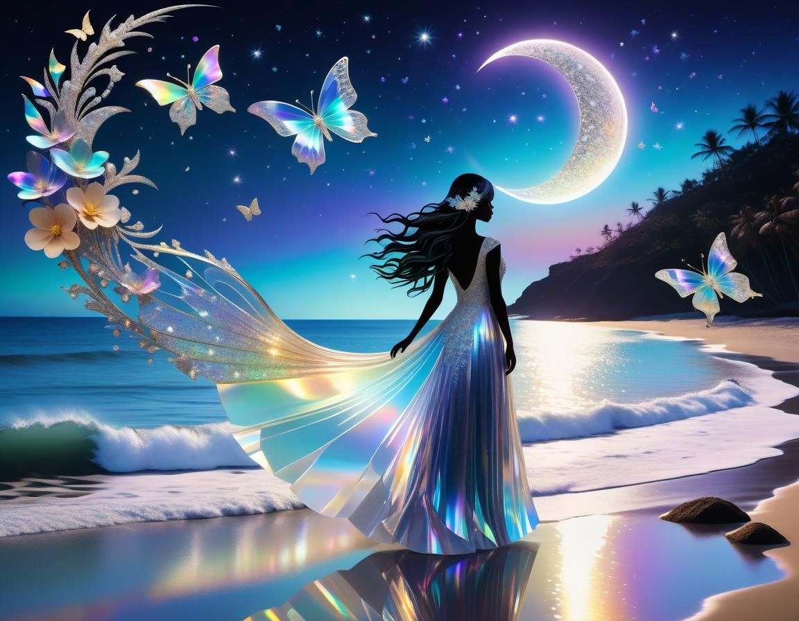 A silhouette of a girl stands at the edge of a beach