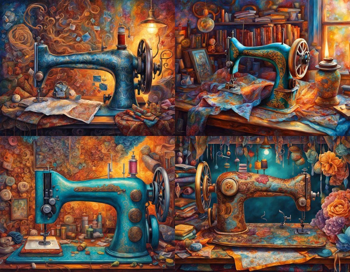 Magical Sewing Room with Glowing Fabrics in Oil Painting Sty...