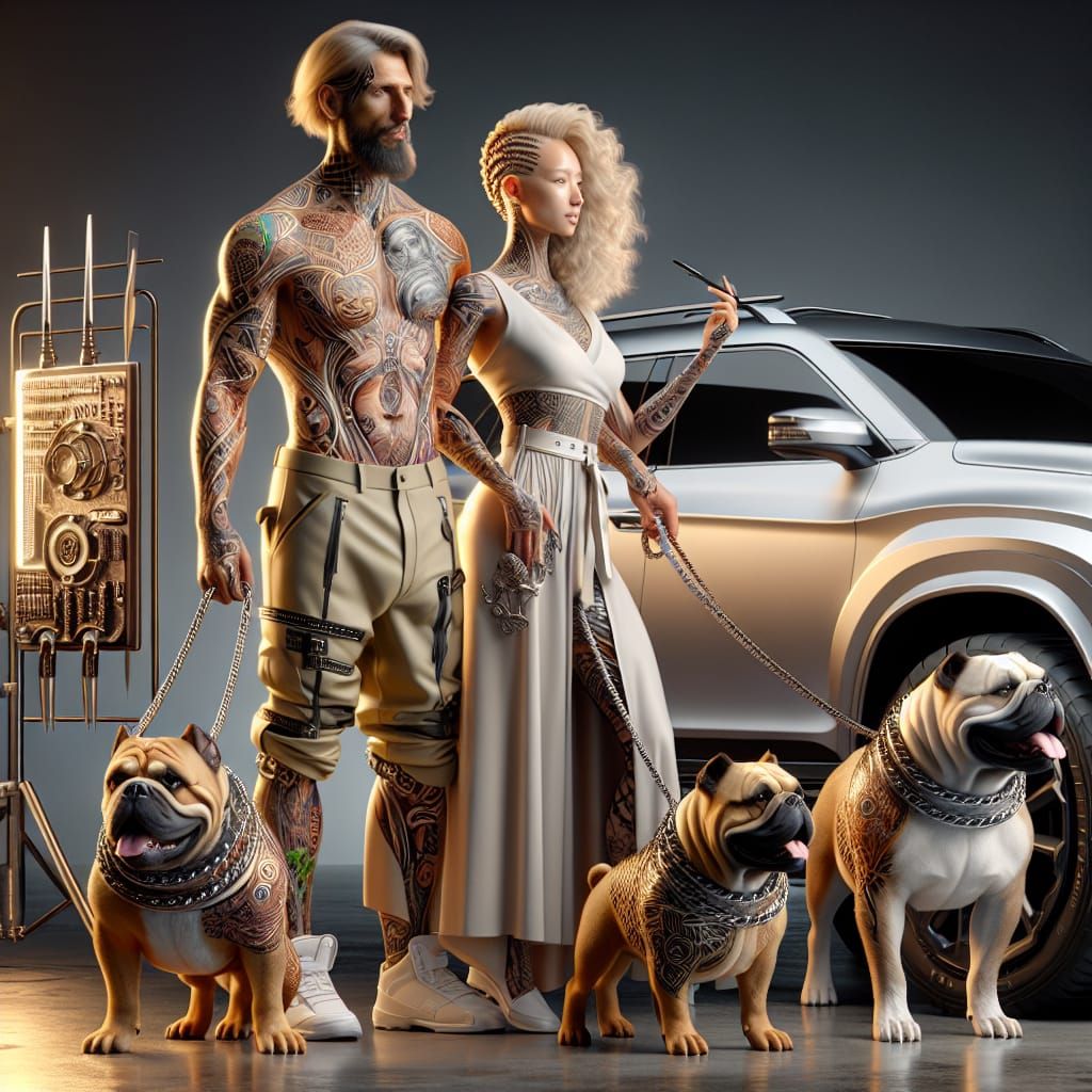 Tattooed Couple with Bulldogs near White Car