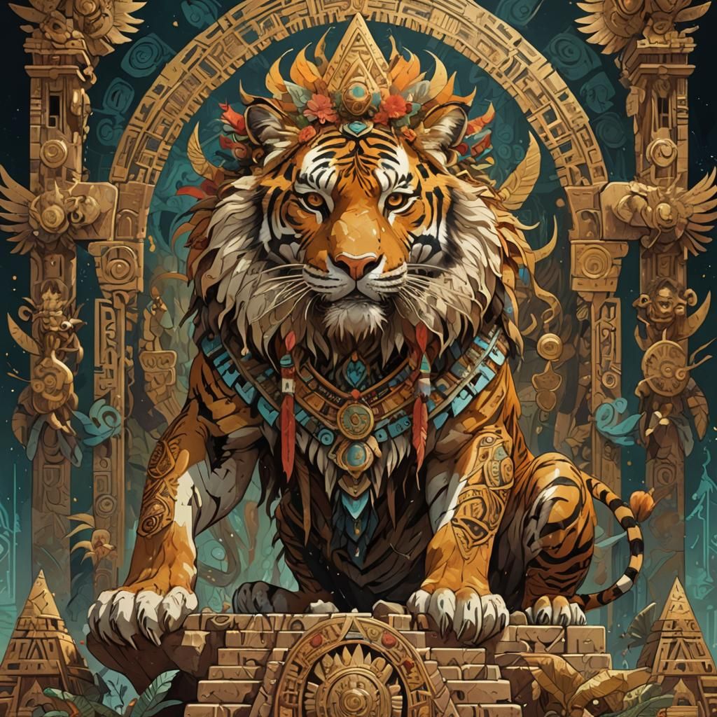 Aztec Shaman Tiger on Pyramid, Digital Painting