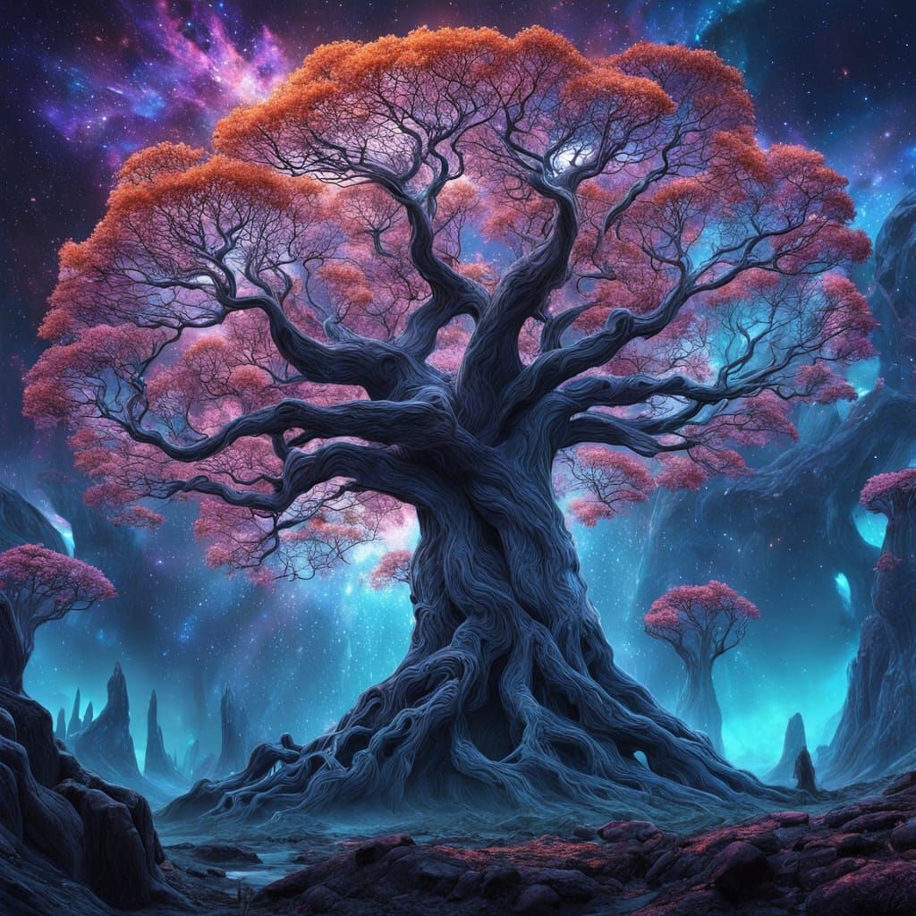 Cosmic Web Tree Against Nebula Sky in Fantasy Art Style