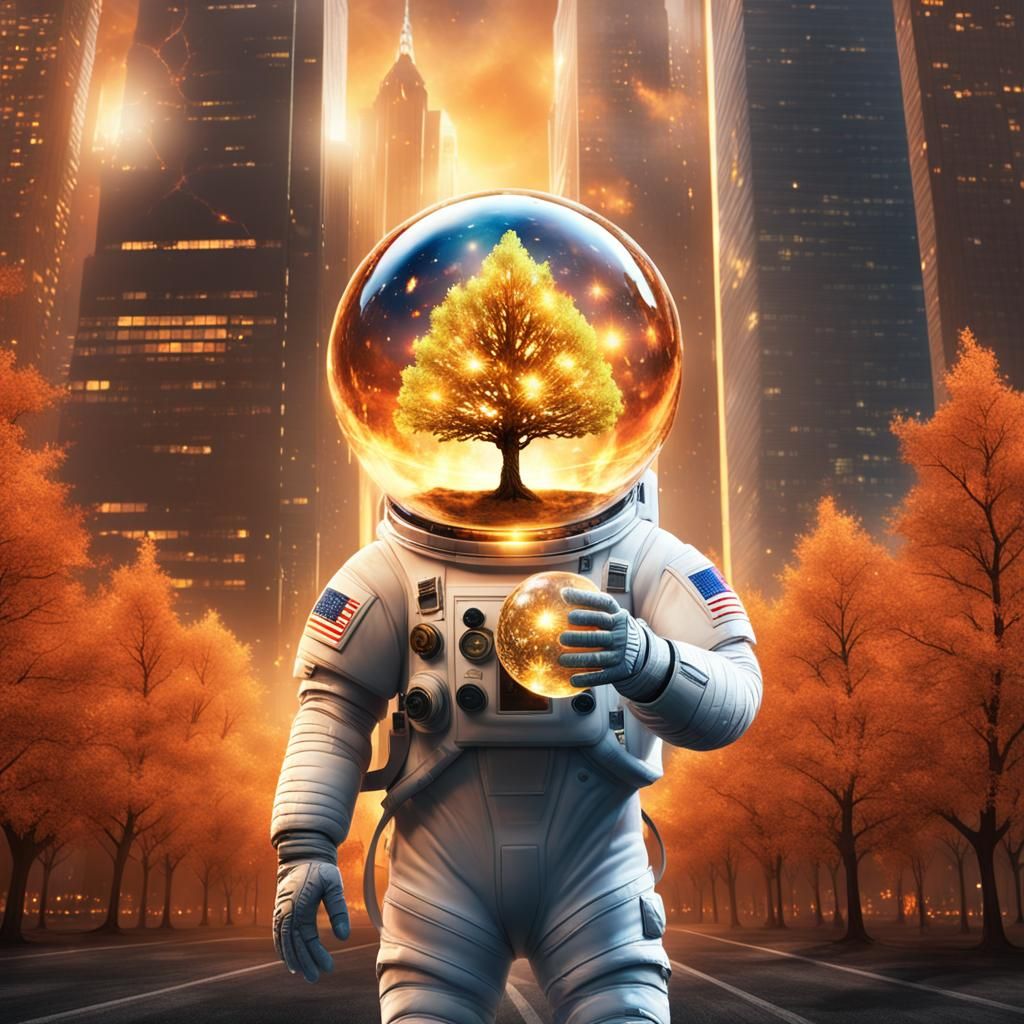 Astronaut with Orb Head and Golden Tree