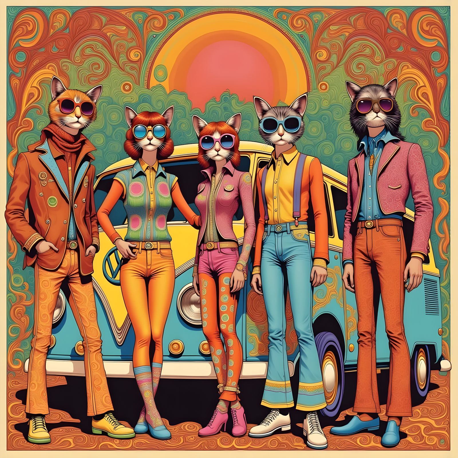 Retro 70s Cats by Paisley VW Bus