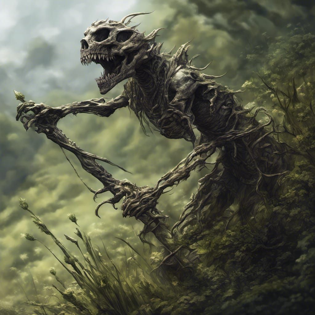 Fantasy Staff with Bones and Grass, Detailed Art