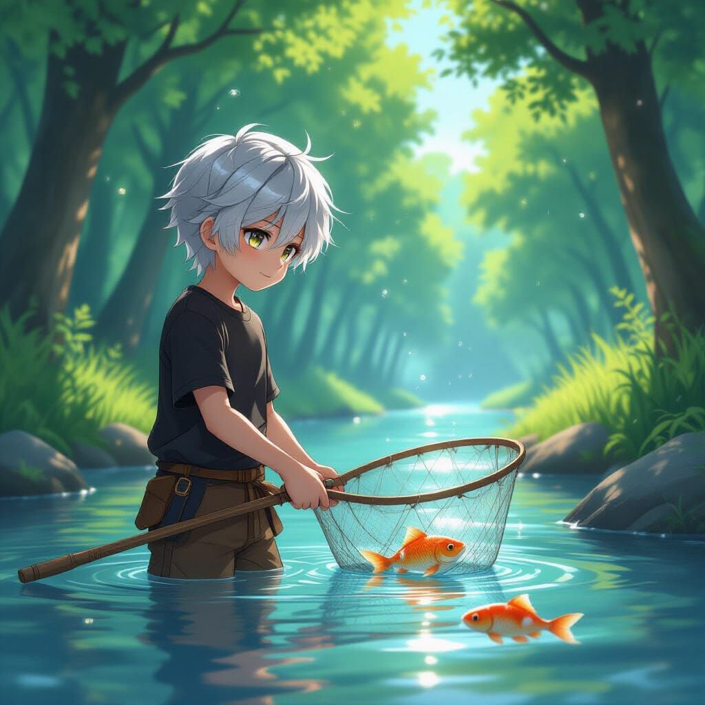 Anime Boy Fishing in Forest River, 3D Render