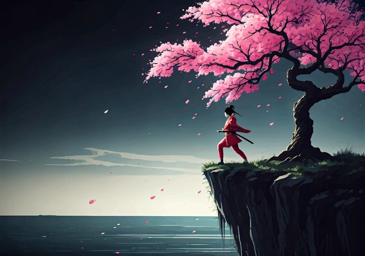 Geisha Martial Arts with Katana Under Blossoms