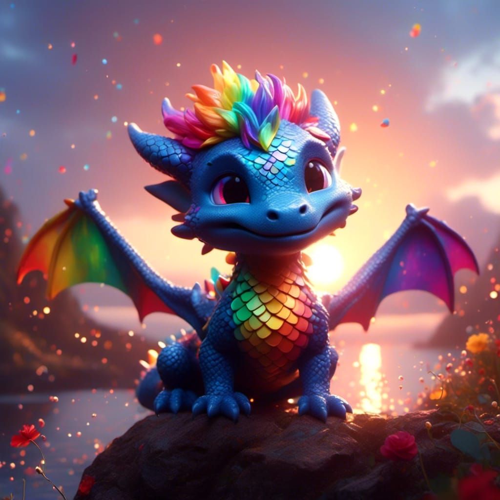 Adorable Rainbow Chibi Dragon in WLOP Art Style