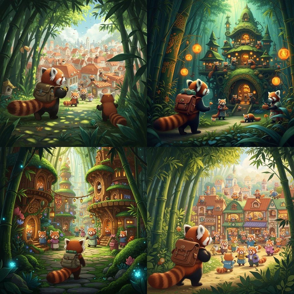 Red Panda Explorer Discovers Whimsical City of Red Pandas